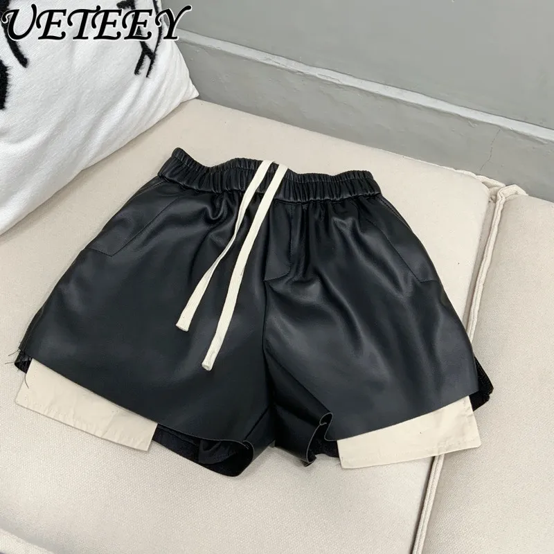 

Spring Summer Fashion Black White Color Matching Drawstring PU Leather Shorts Women Loose Casual Elegant Split Wide-Leg Shorts