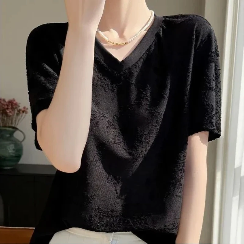 V Neck Lace Embroidered T Shirt Women Elegant Office Wear Summer Casual Top With Delicate Floral Pattern Regular Fit Shor