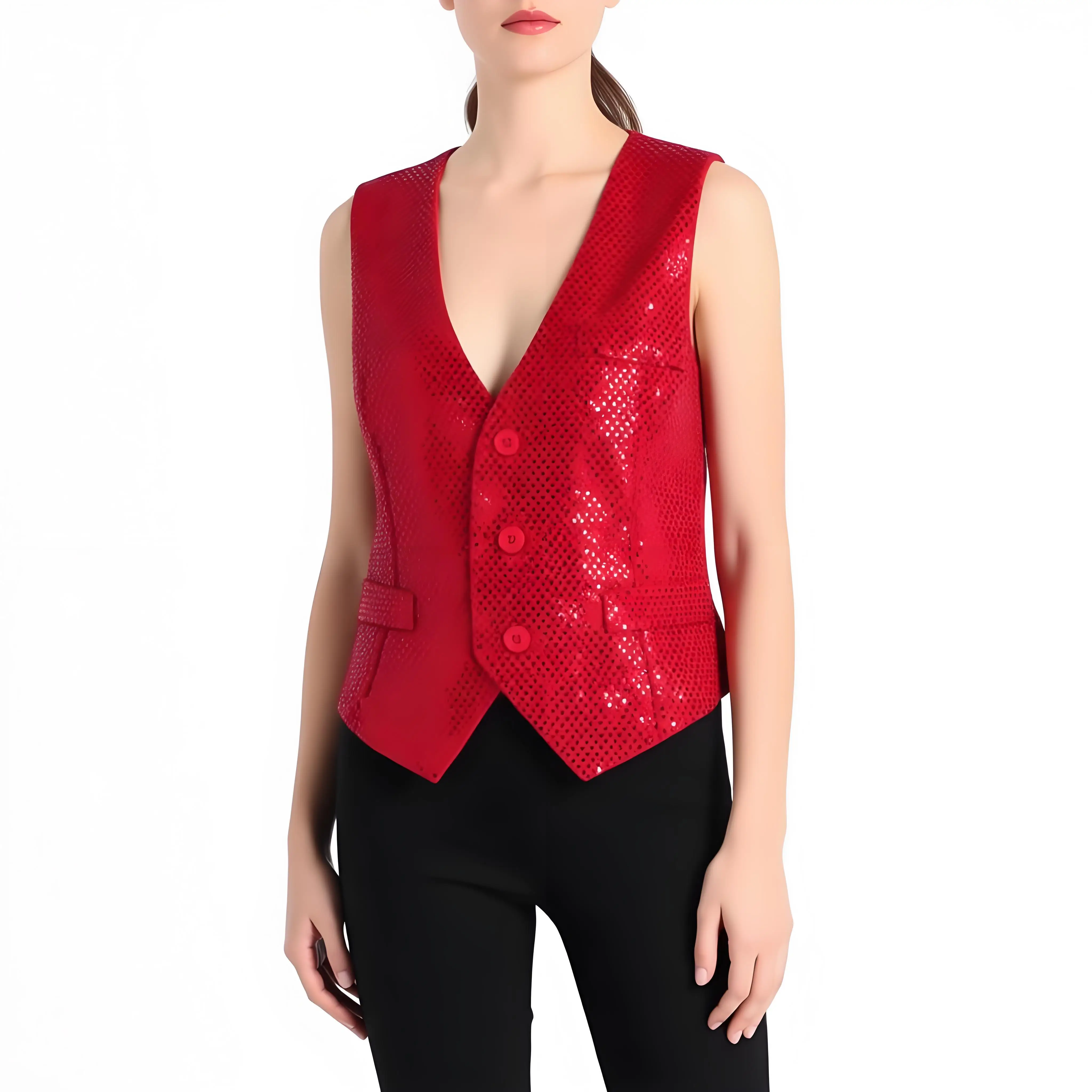 

Women Blazer Vest Shiny Sequin Sleeveless Slim Fit Cardiagn V Neck Formal Waistcoat Slim Fit Sequins Tango Latin Dancewear Tops