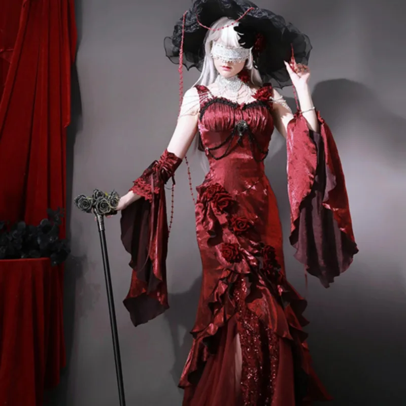 Medieval Victorian Court Bloody Mary Gothic Dress Halloween Witch Cosplay Christmas Party Costume Sling Flare Sleeve Maxi Dress