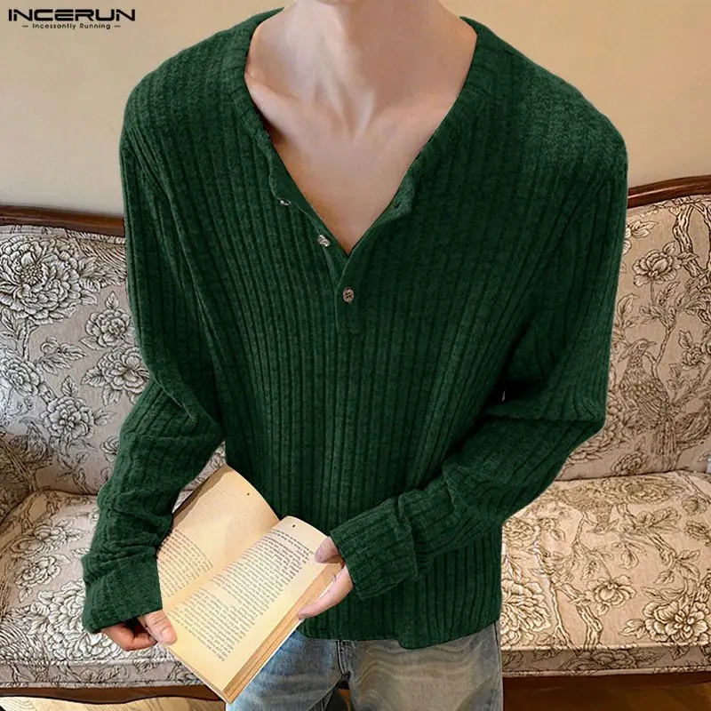 Incerun camisa masculina cor sólida de malha manga longa casual roupas masculinas streetwear estilo coreano primavera outono moda masculina topos