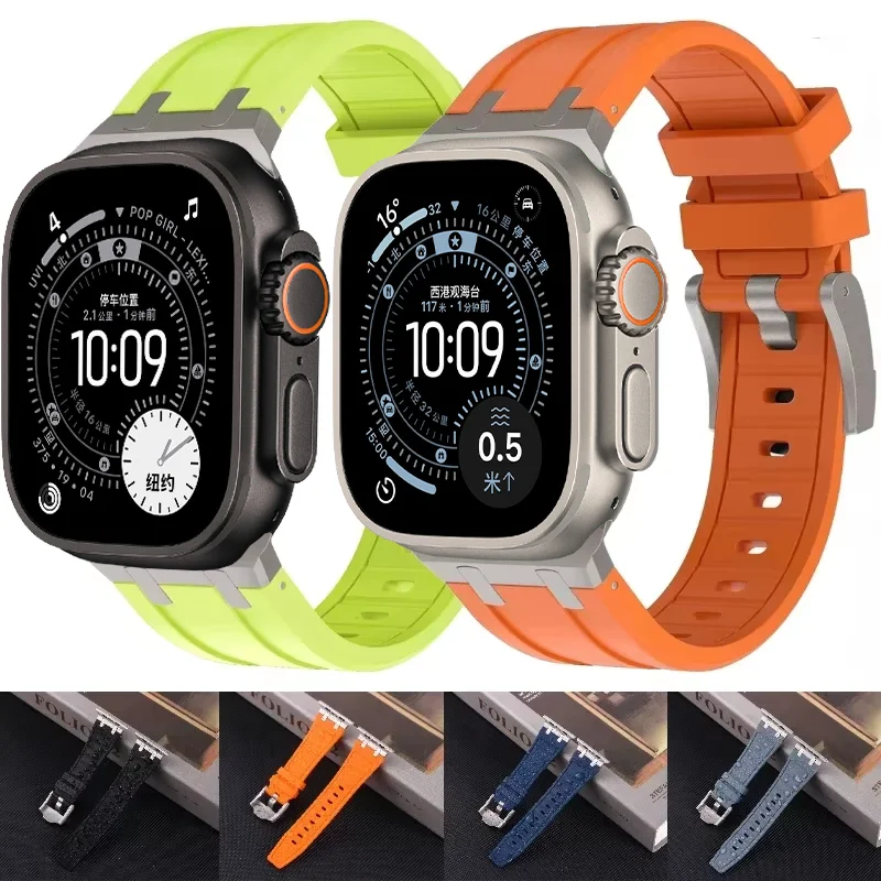 Correa de silicona líquida para Apple Watch Ultra 3/2 49mm 11 10 9 8 7 6 5 SE3 pulsera conector de Metal iWatch 46/45/44mm Correa