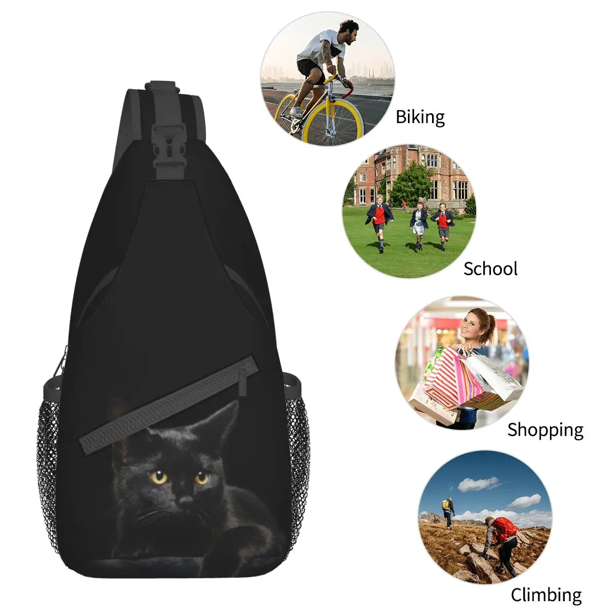 Czarny kot torba ze sznurkiem torba Crossbody na klatkę piersiową plecak z paskiem na ramię Outdoor sportowe daypack Kawaii z nadrukiem dla zwierząt