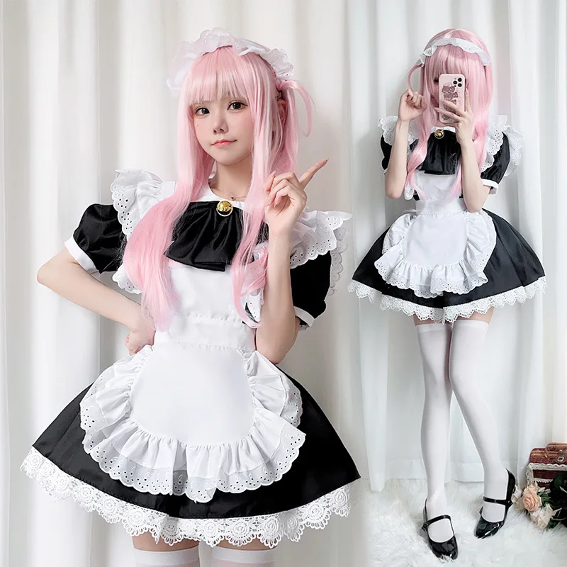 

Anime Lolita Maid Uniform Women Halloween Party Dress Student Black White Gothic Lolita Waitress Role Play Outfits