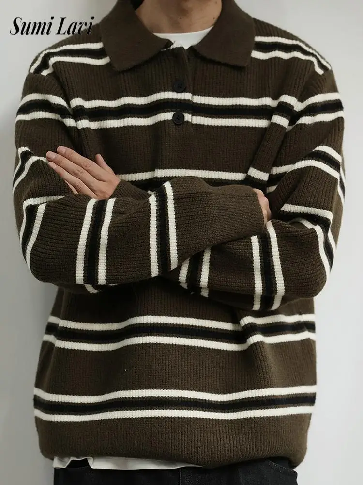 

2025 Fall Winter Casual Mens Slim Sweaters Vintage Striped Crochet Knitting Jumper Tops Men Trendy Buttoned Polo Neck Sweater
