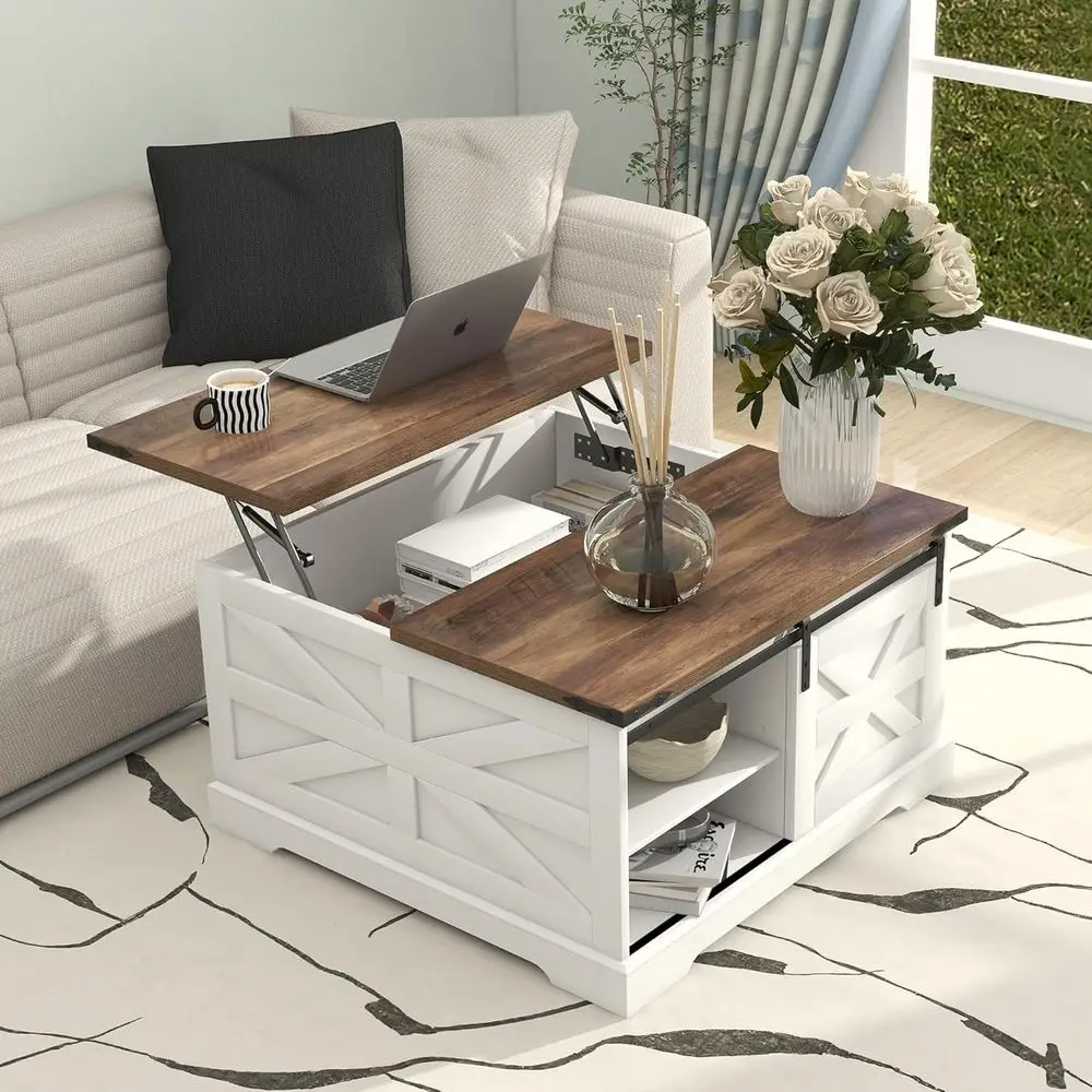 

Lit Top Coffee Table with Storage, Rustic White Coffee Table, Square Storage Compartment and Adjustable Shelves Coffee Tables or