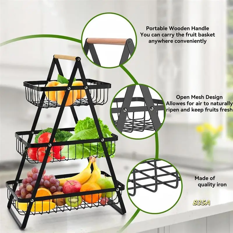 

3-Tier Countertop Fruit Basket - Portable, Multi-Use Kitchen Organizer For Fruits, Vegetables, Bread, Snacks