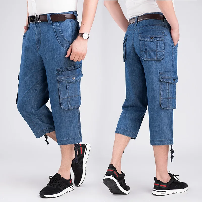 Jeans Shorts Men\'s Summer Breeches 2024 Multi Side Pocket Casual Bermuda Male Straight Long Blue Denim Loose Cargo Shorts Men