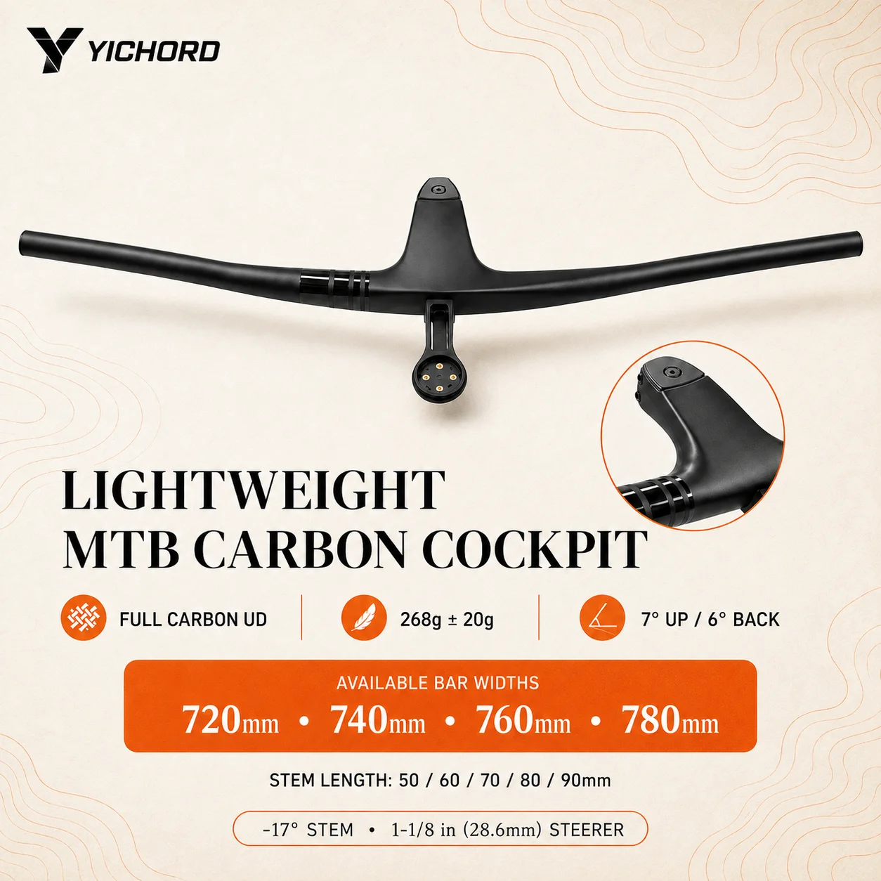 17° UD Carbon MTB Integrated Handlebar 720mm 740mm 760mm 780mm Width Hidden Cable Routing, Computer Mount Included