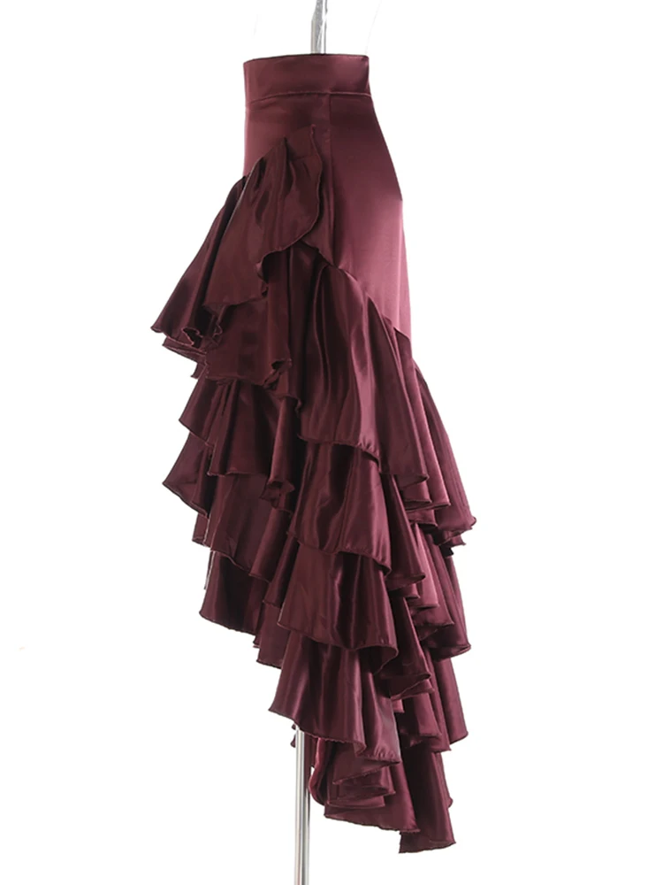 [EAM] High  Waist Wine Red Irregular Ruffles Elegant Cake Half-body Skirt Women Fashion Tide New Spring Autumn 2024  1DH7827