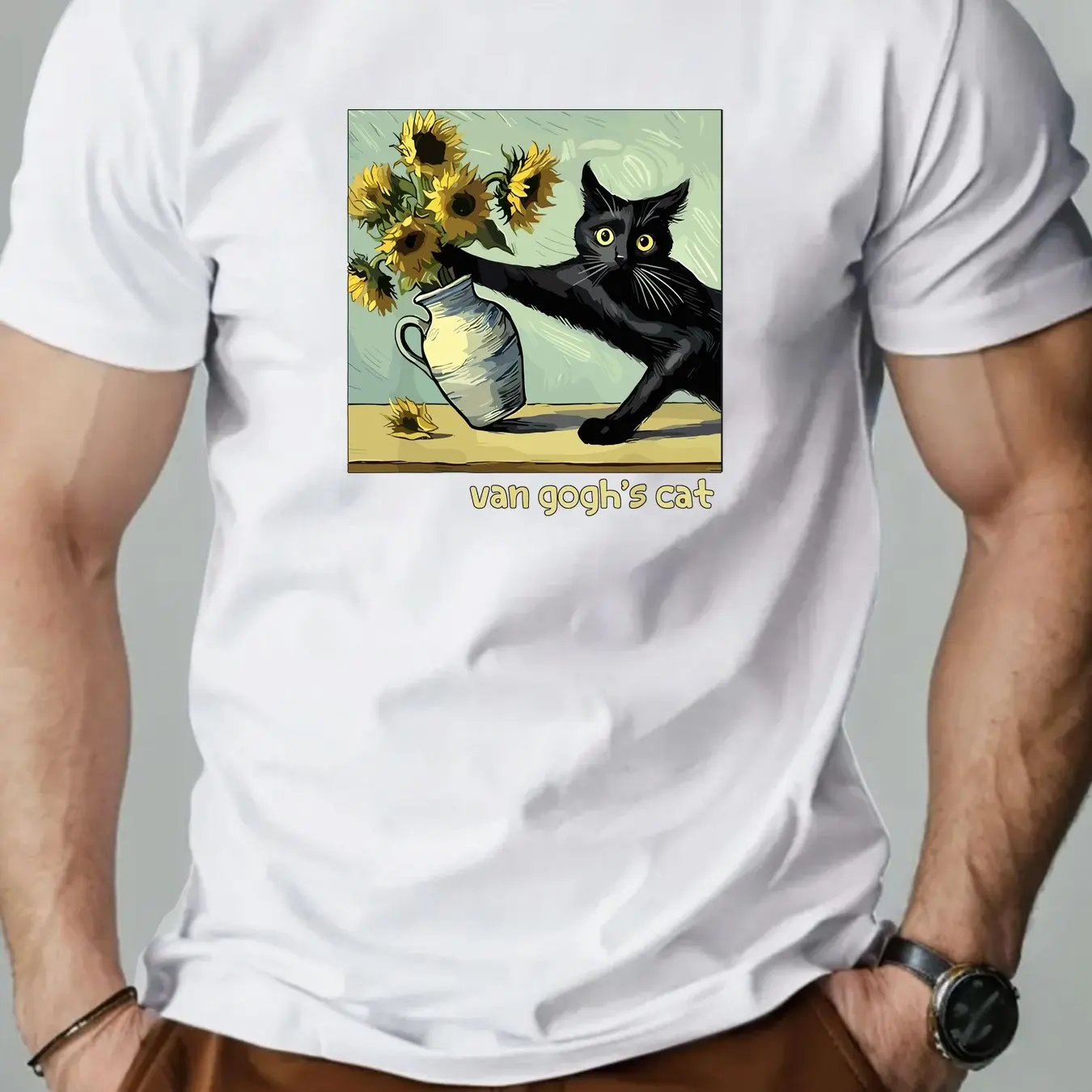 Men Classic Cotton Crew Neck T-Shirt with Van Gogh Cat Print - Casual Summer Short Sleeve TeeBreathable Fabric Men Clothing