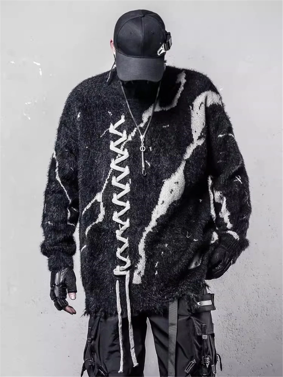 Mens Knitted Turtleneck Sweater Streetwear Hip Hop Color Block Pullover Men Oversized Harajuku Ribbon Decoration Casual Sweaters