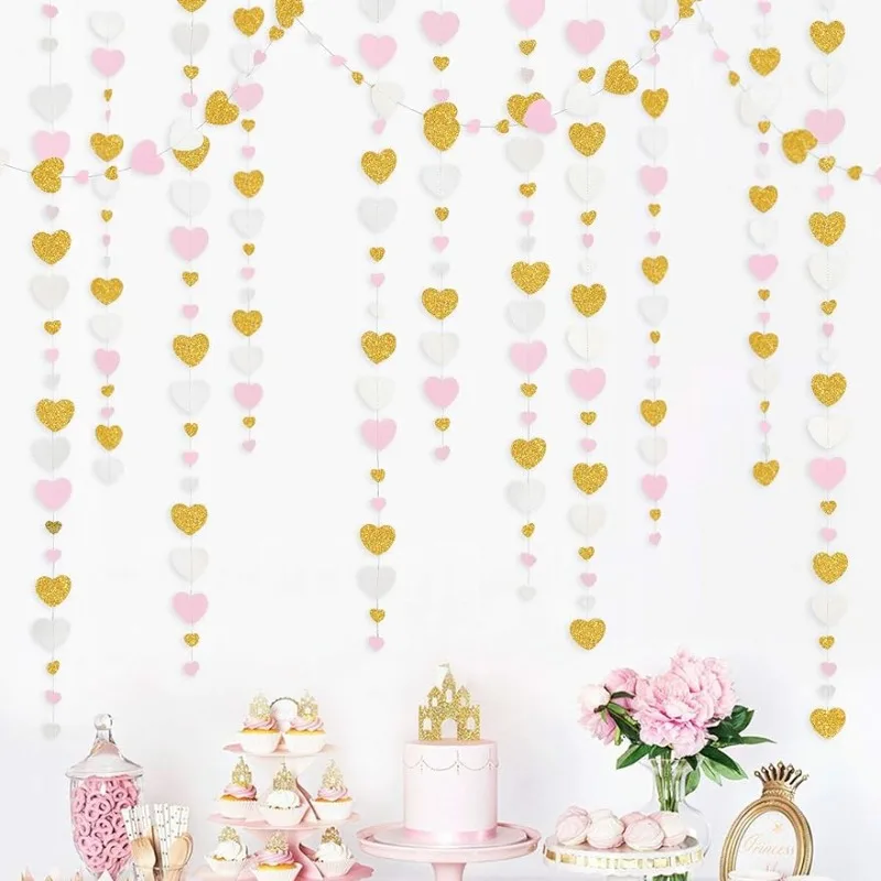 52 Ft Pink and Gold White Love Heart Garland Hanging Paper Streamer Banner for Anniversary Engagement Birthday Party Decorations