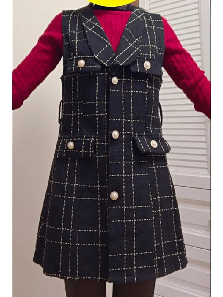 Plaid Tweed Vest Jacket 2 Piece Set Women Vintage Mid-length 75cm Elegant Pearl Button Belted Unlined Waistcoat And Knit Sweater