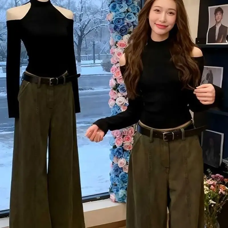 Hollow Comfortable Black Niche Simple Long-sleeved Off-the-shoulder T-shirt Celebrity Exquisite Slim-fitting Waist Bottoming Top