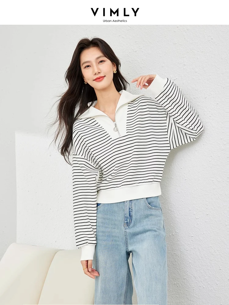 Vimly Contrast Striped Half Zipper Women's Sweatshirt Spring Lapel Pullovers Female 2024 Korean Casual Long Sleeve Top M6006