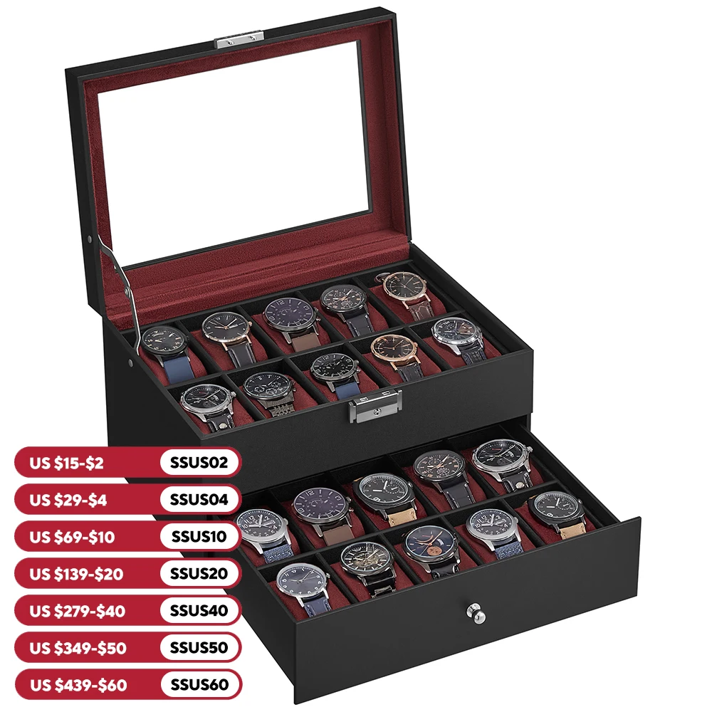 SONGMICS 20-Slot Watch Box, Watch Case with Glass Lid, 2 Layers, Lockable Watch Display Case