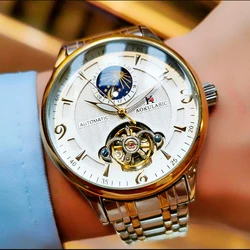 Fashion Moon Phase Mens Watches Top Brand Luxury Tourbillon Skeleton Automatic Mechanical Watch Stainless Steel Strap AOKULASIC