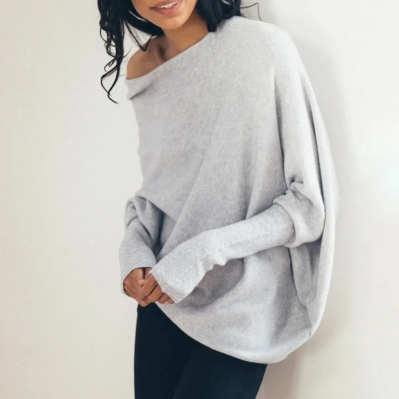 Autumn Casual Solid Round Neck Women Sweaters Loose Batwing Sleeve Knitted Pullover Sweater Woman Winter Sexy Knitwear Top 30463