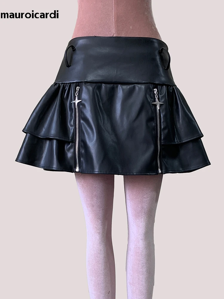 

Lautaro весна лето осень черная мягкая искусственная кожа мини-плиссированная юбка женская с высокой талией короткая роскошная дизайнерская одежда в стиле панк