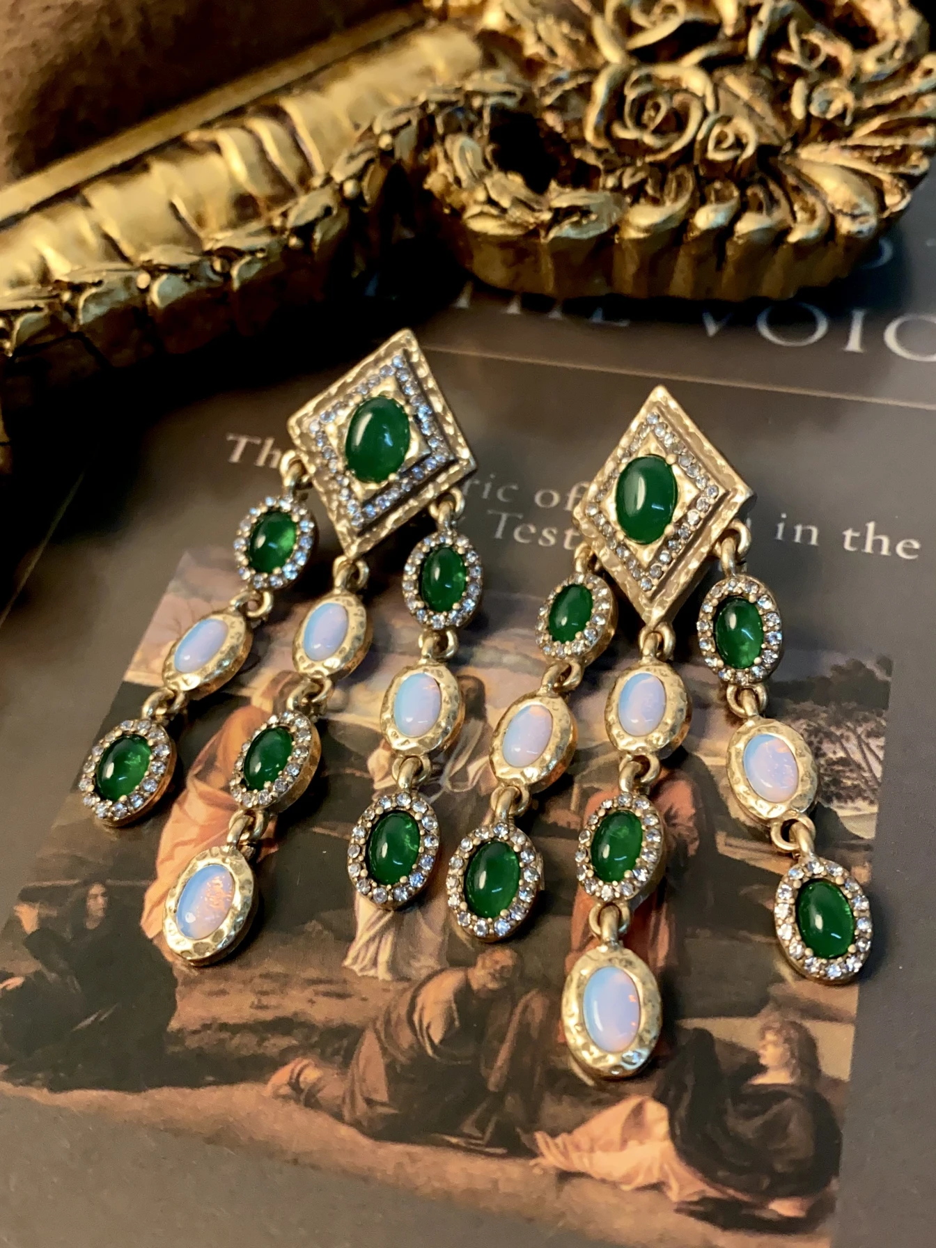 Green vintage agate opal glass tassel long earrings for women wedding advanced jewelry