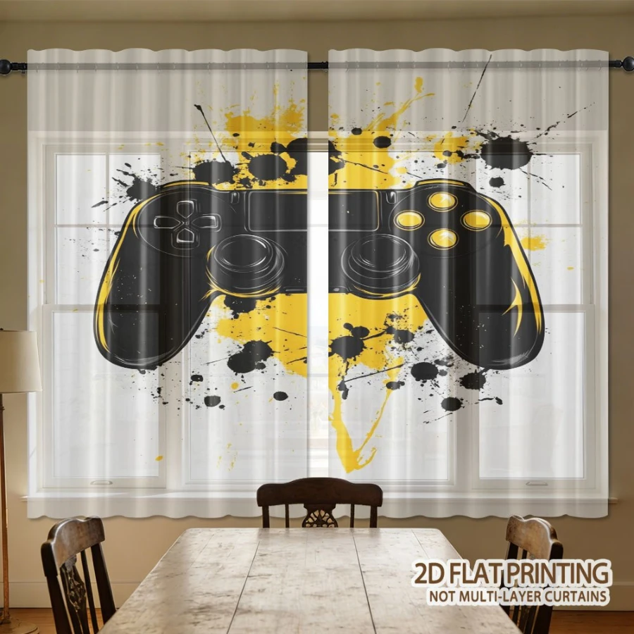 2PCS Digital Print Sheer Curtain, Yellow Black Ink Splash Game Controller, Boho Chic Window Curtains for Living Room Decor