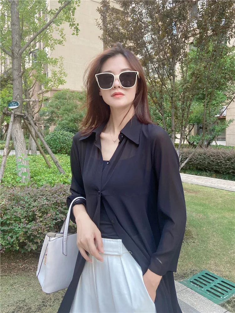 

Bla Chiffon Cardigan Women's Summer New Faion Breathable Ultra-Thin Long Sunscreen Open-irt Loose Fit Polyester Fiber