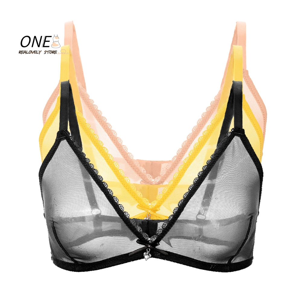 

Women Underwear Lace Sexy Bra See Through Unlined Sheer Transparent Mesh Breathable Comfortable Wire Summer Bra Yarn Large Size