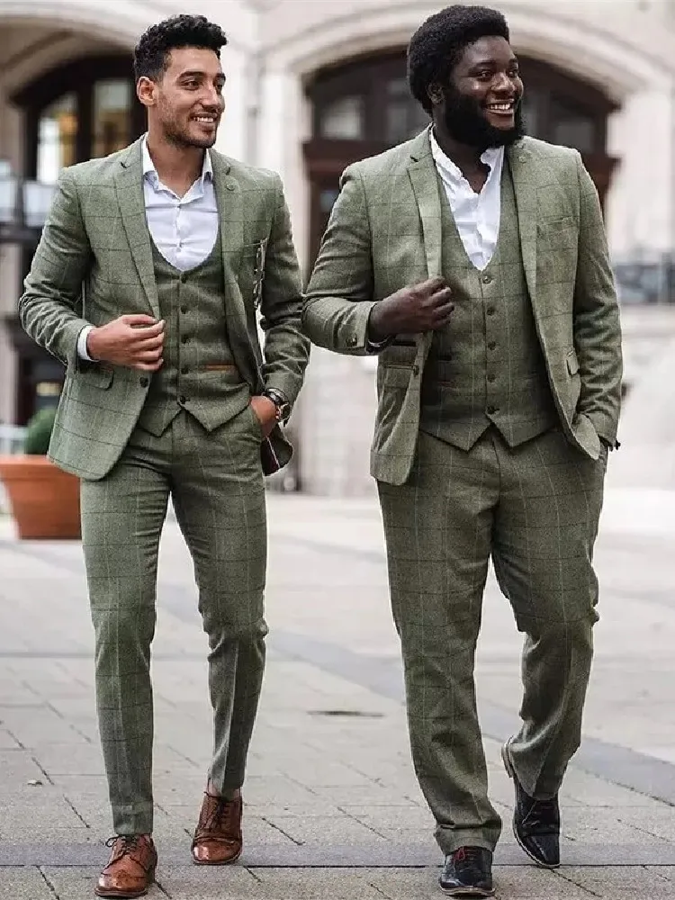 Dark Green Men Suits Tailor-Made 3 Pieces Blazer Vest Pants Plaid Stripes One Button Formal Business Wedding Plus Size Tailored