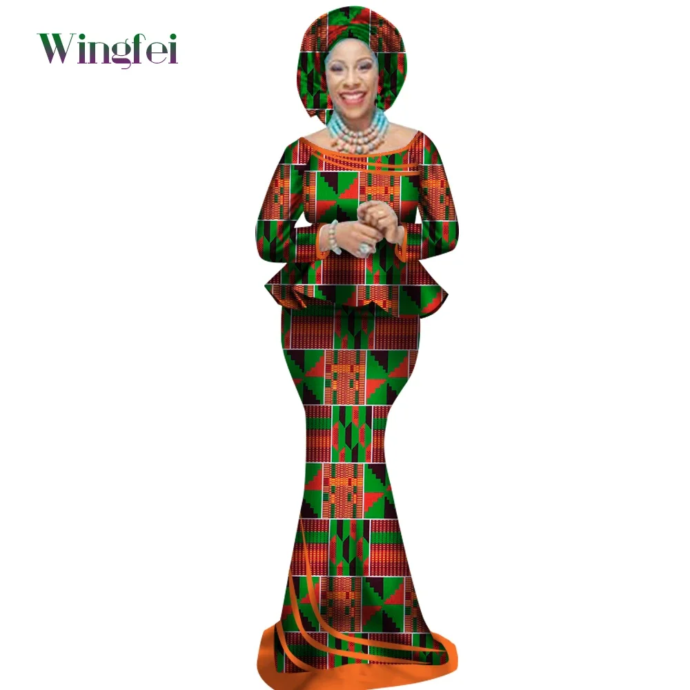 

African Clothes for Women Ankara Print Top Shirt and Long Robe Skrit with African Headwrap Dashiki Party Wedding Clothes WY2498