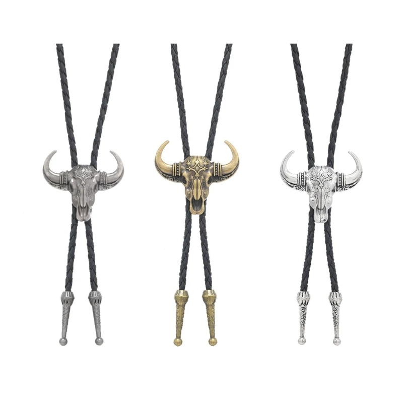 573B Western Bolo Necklace With PU Cord And Bullhead Charm Necktie Unisex Design