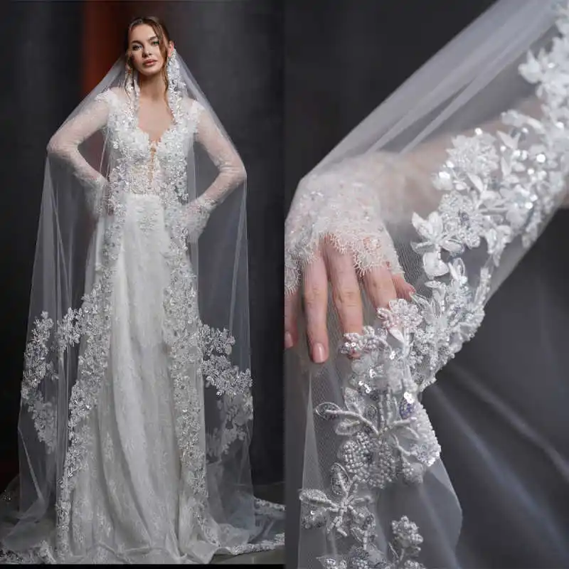 

Fashion Sequined Lace Wedding Veil 3 Meters White Ivory Bridal Veil Beaded Cape Bride Headpiece Accessories