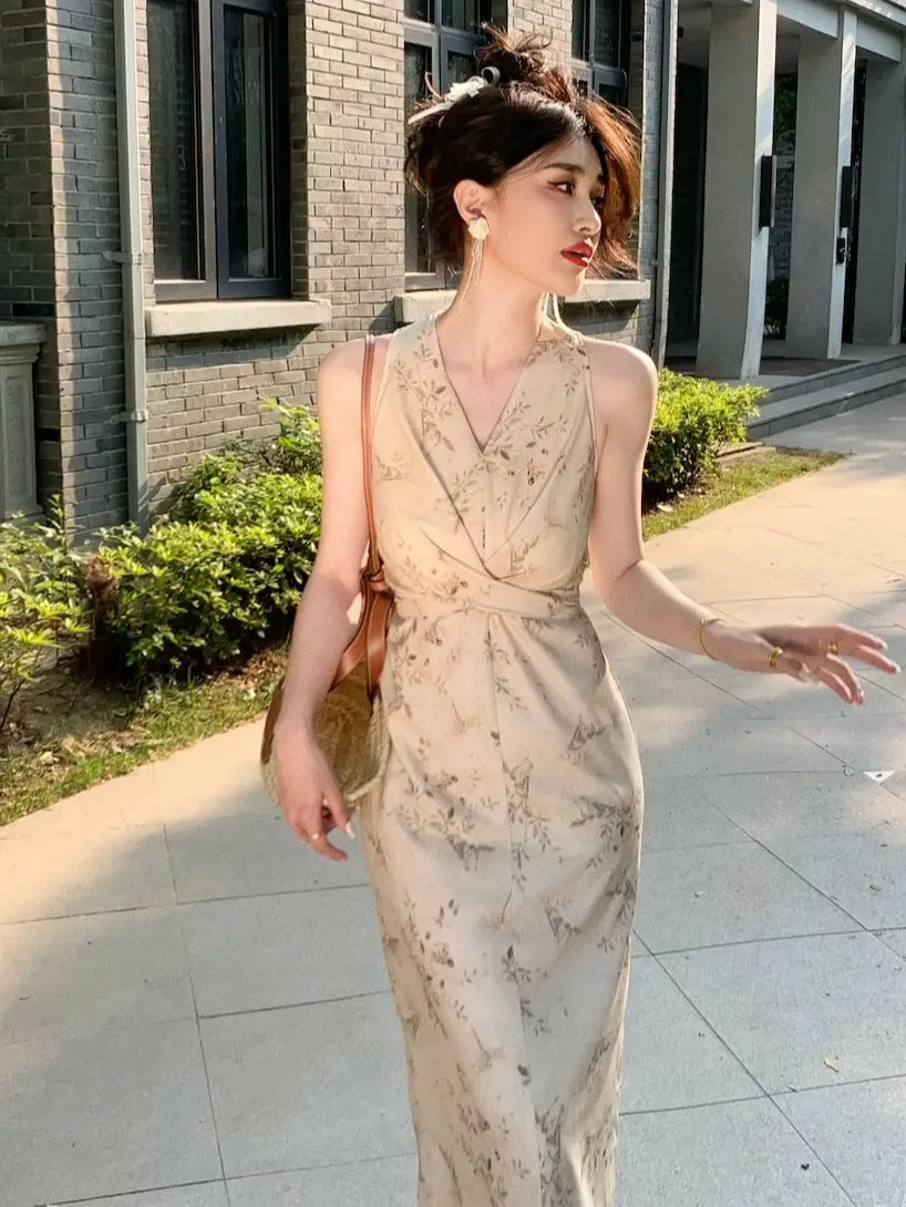 Women Summer 2022 Sexy Fashion Lady Elegant Vintage Printed Sleeveless Midi Dresses Female Clothes