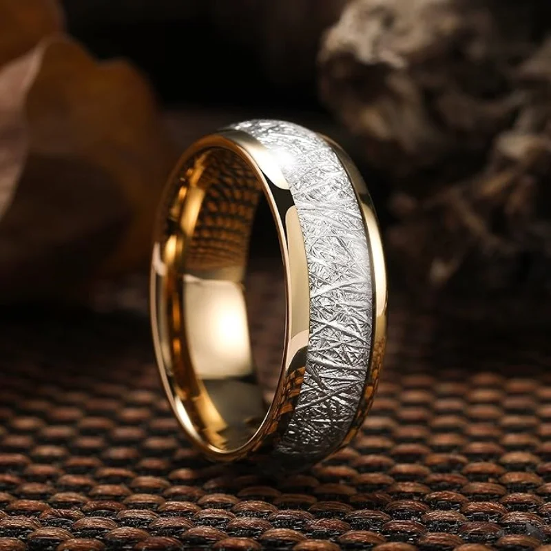 Elegant Meteorite Tungsten Steel Ring Set for Wedding & Anniversary,8mm Wide,Foil Carbon Fiber Inlay, Men Women Wedding Ring