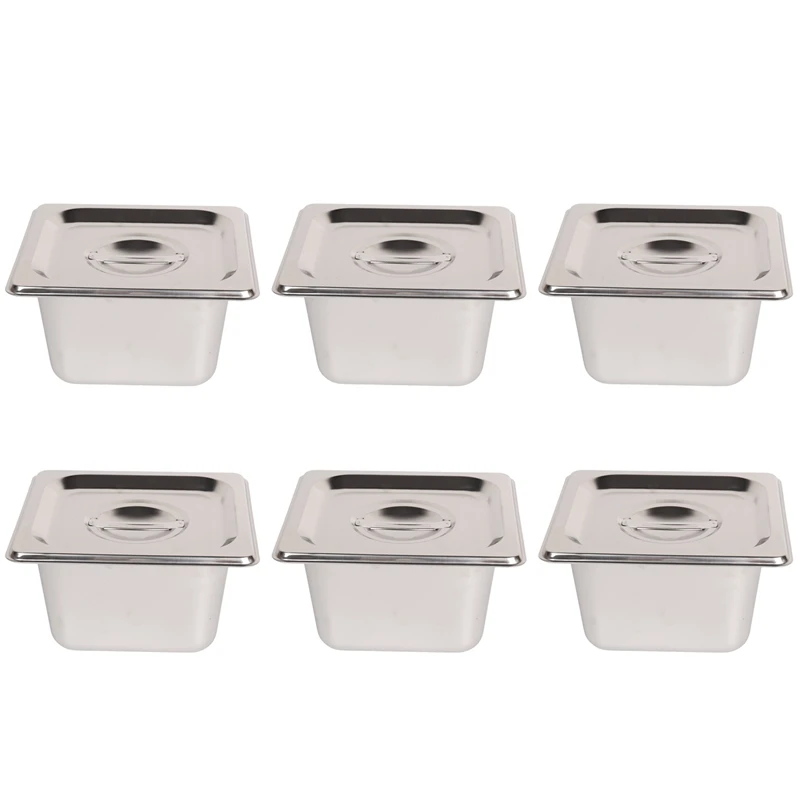 6 Pack Anti-Jam Slotted Hotel Pans With Lids, 1/6 Size 4 Inch Deep, Commercial 18/8 Stainless Steel Steam Table Food Pan