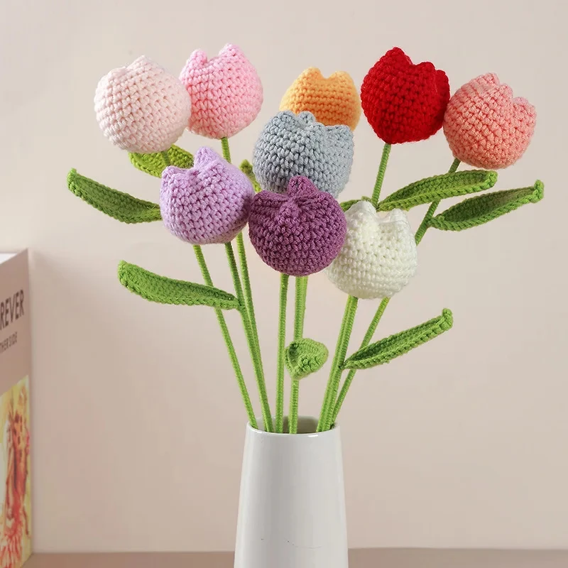 Knitting Bouquet Tulip Flower Hand-knitted Fake Flowers Knit Flower Home Table Crochet  Bouquet Party Decor Ornaments Gifts