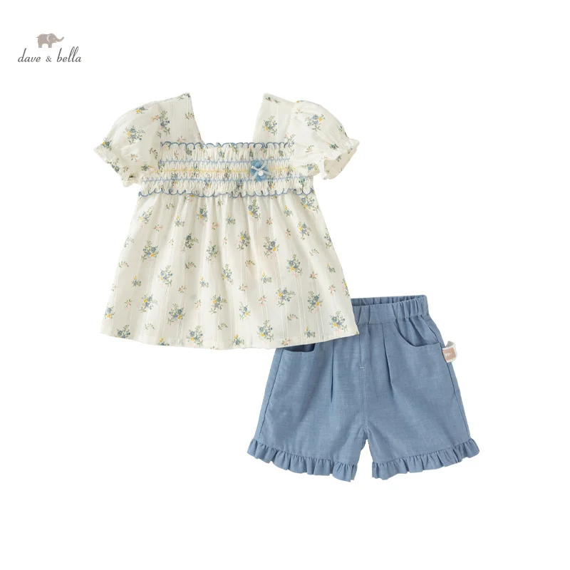 Dave Bella 2024 New Summer Children'S Girls Baby Two-Piece Girls Flower Print Shorts Set Charm Sweet Lovely Casual DB2240809