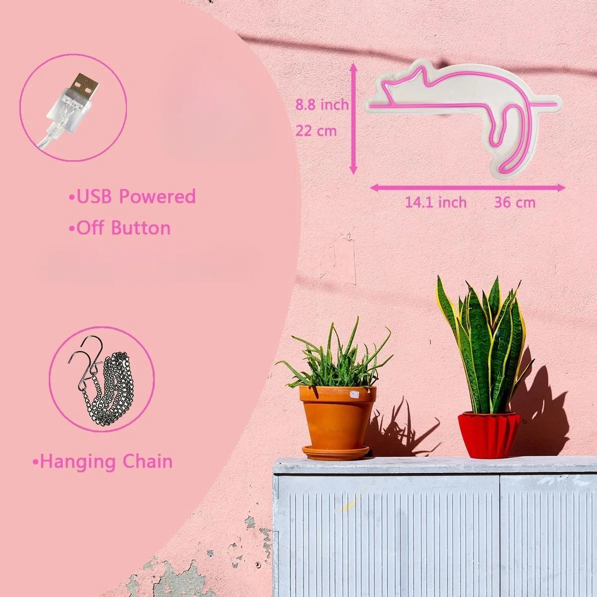 Sleeping Cat Neon Sign LED Wall Art USB Powered Moon Night Vibes Bedroom Kids Room Pet Lover Living Area Cozy Corner Wall Decor