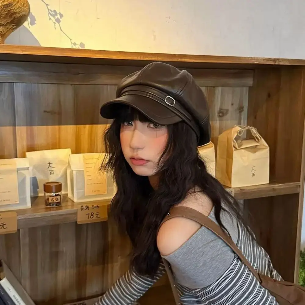 Retro Solid Color PU Beret Cap Versatile Metal Buckle Strap Leather Painter Hat Korean Style Keep Warm Octagonal hat Daily