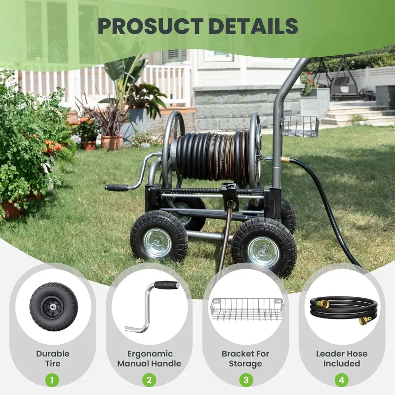 عربة بكرة خرطوم رمادي شديدة التحمل - سعة 250 قدم 5/8 بوصة، دليل مثبت مسبقًا