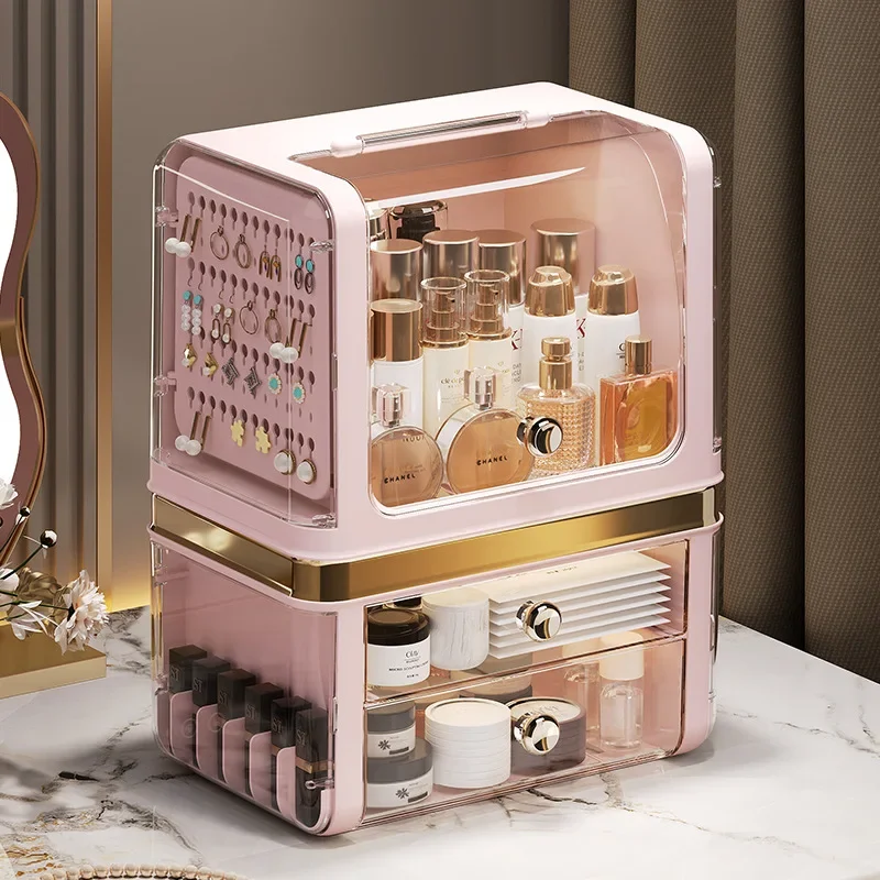 Household Cosmetics Storage Box, Light Luxury Cream Style, Large Capacity, Simple Multi-Layer Dust-Proof Desktop Storage Box