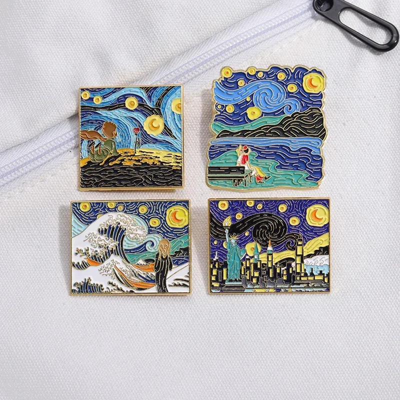 Classic Oil Painting Enamel Pin Starry Sky Wave Statue of Liberty Lapel Badges Shirt Backpack Brooches Jewelry Gift Wholesale