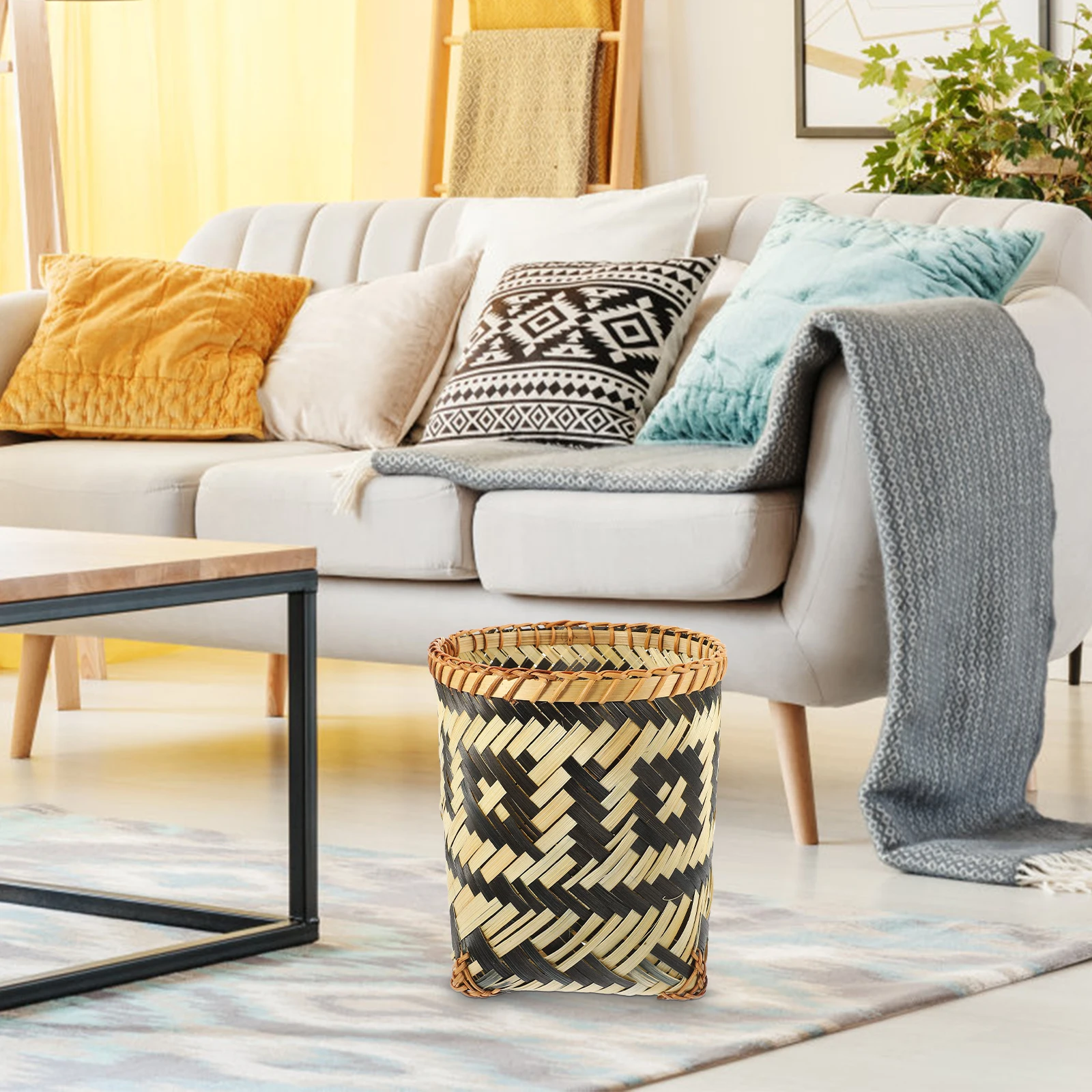 

1Pc Eco-Friendly Bamboo Woven Wastepaper Basket Stylish Decorative Storage Bin Simple Household Organizer