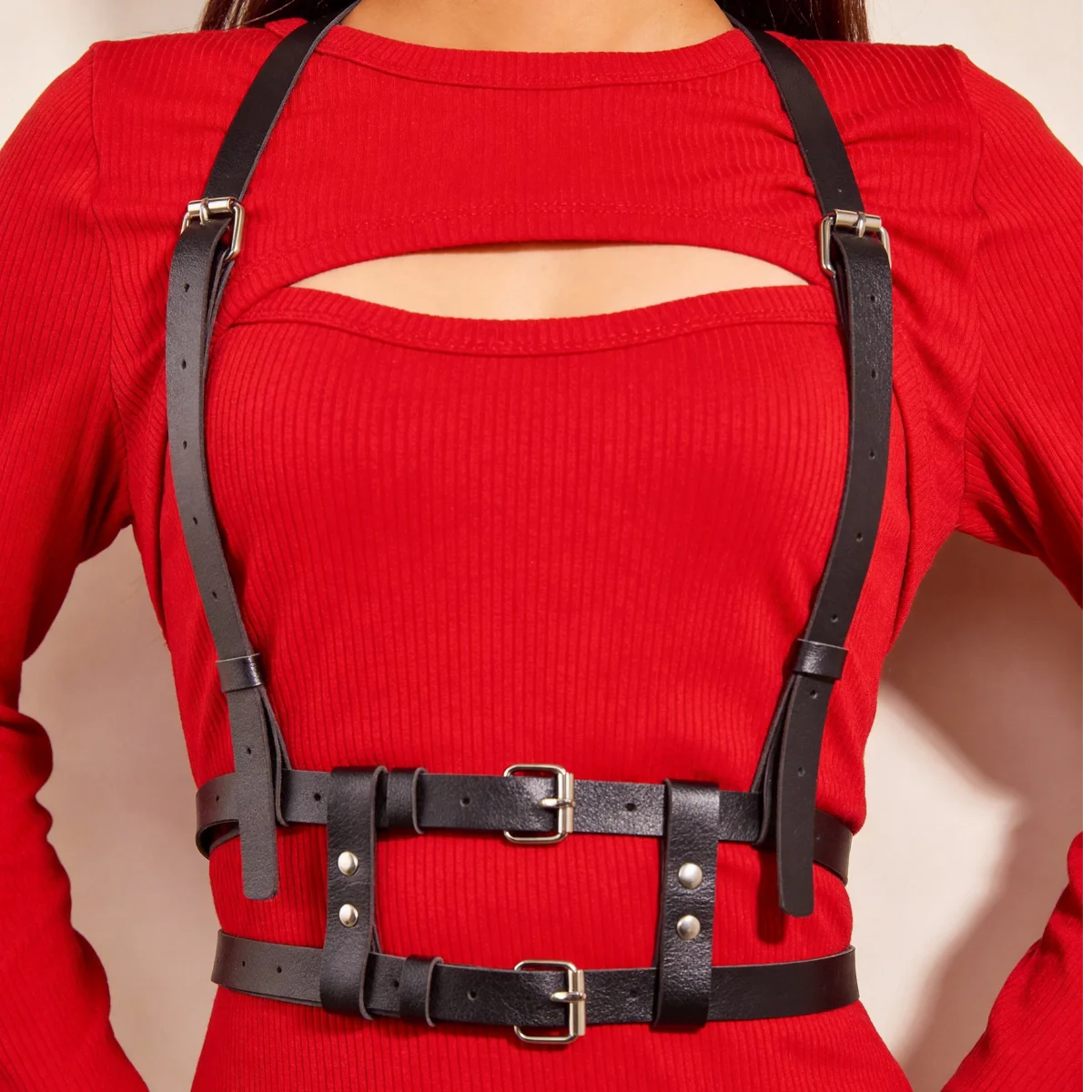 

Women's Fashion Body Harness Belt - Black PU Leather Adjustable Straps for Dress & Clubbing Events