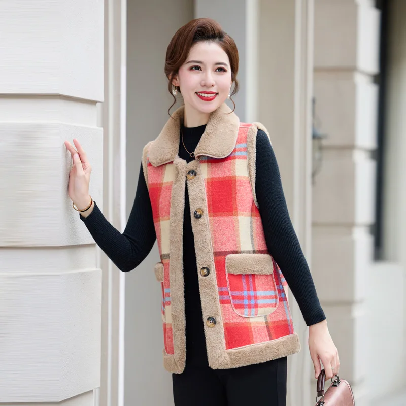 

Women Vest Fleece Sleeveless Jacket Plaid Cotton Coat Two Sided Dressing Waistcoat Vintage Winter Korean Fashion Outerwear New