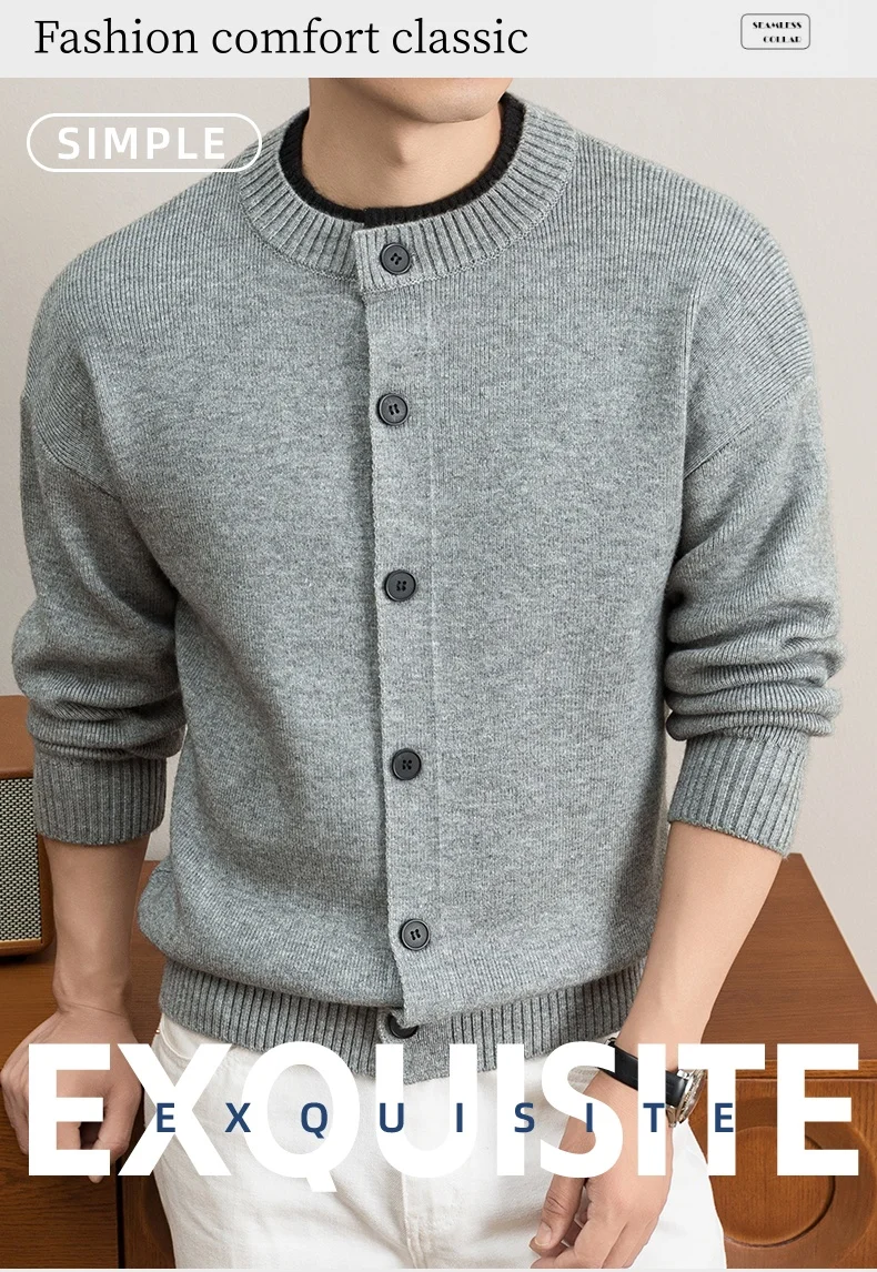 Hochwertige Strickjacke Männer Persönlichkeit Doppelschicht Rundhalskragen Neue Mode Weich Komfort Warm Herbst Winter Pullover Mantel – Detail 2