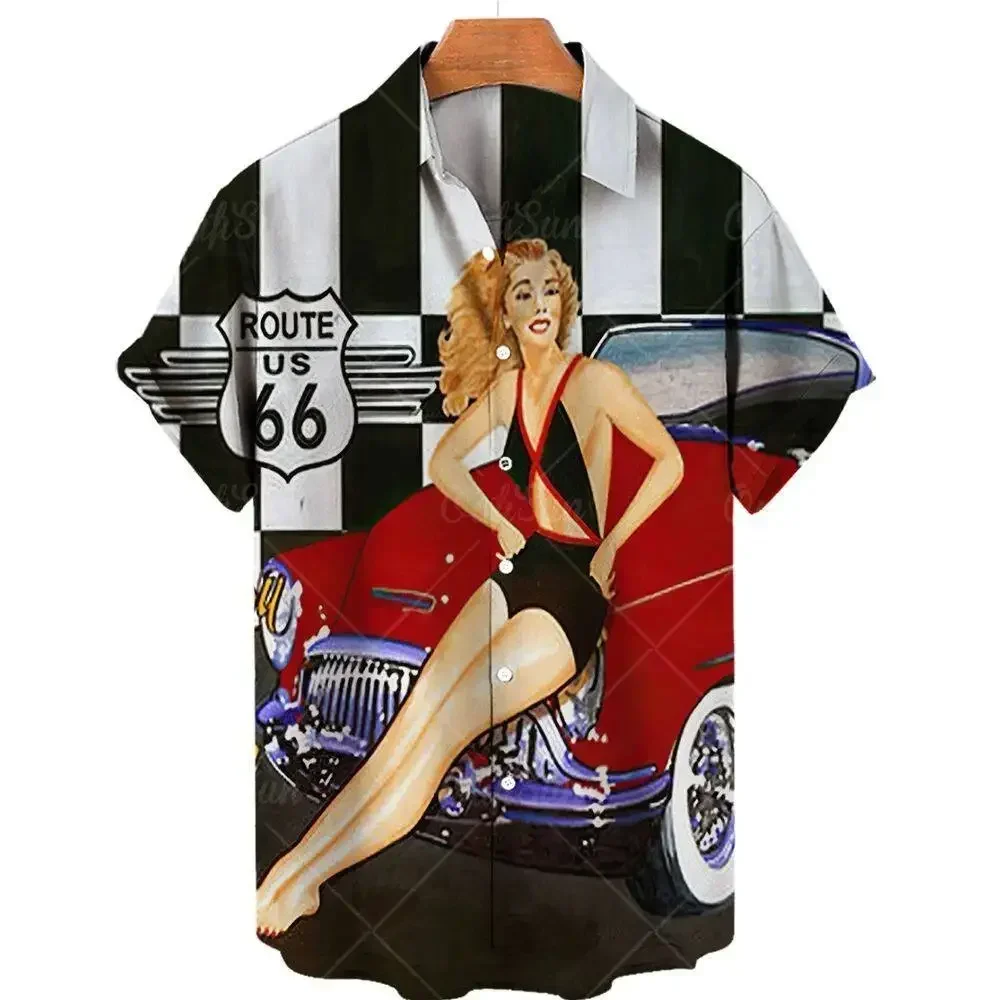 

66 Road Print Retro Classic Car Pattern Men's Short Sleeve Shirt Hip-Hop Car Party Party Wear Oversized Top