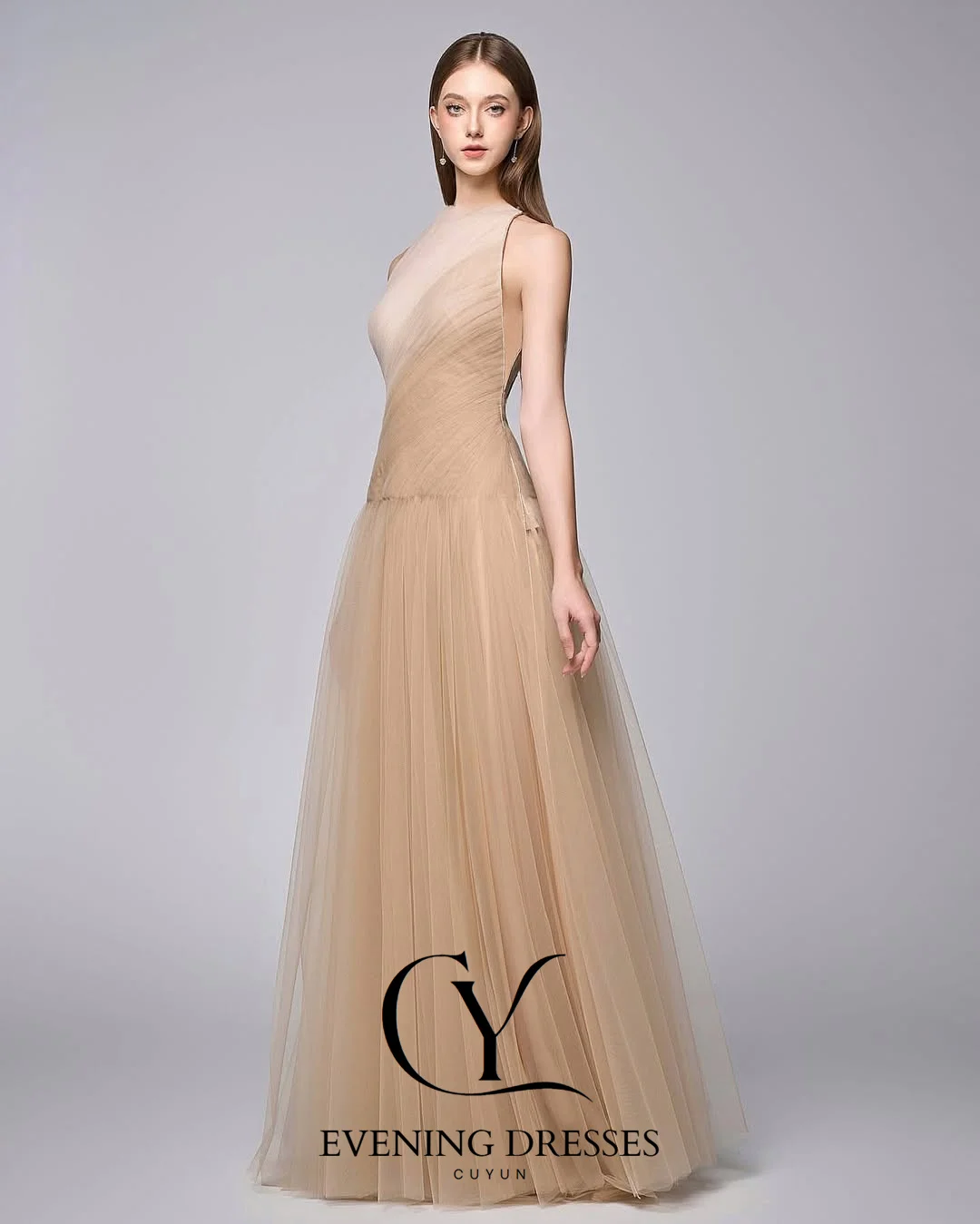 CUYUN robe de soirée élégante col rond sans manches robes de soirée en Tulle couleur contrastée une ligne robes de bal robe d'anniversaire personnalisée