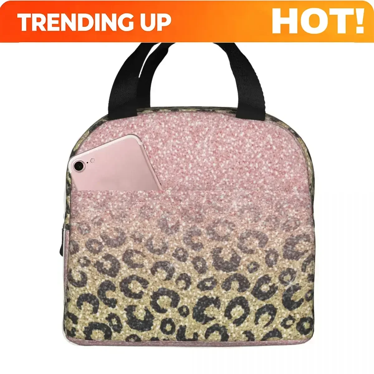 Custom Bag Custom Rose Gold Glitter Black Leopard Lunch Bag Portable Insulated Oxford Cooler Bags Thermal Picnic Work Tote For W