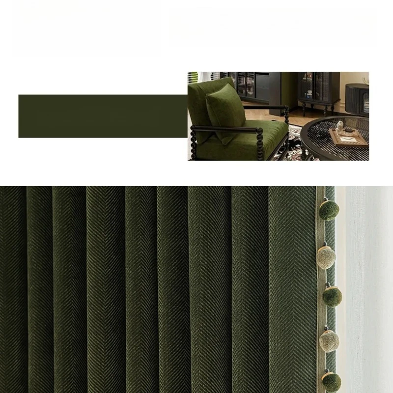 Retro Green Blackout Curtains for Living Bedroom Room Chenille Light Luxury Curtains High-end Herringbone Pattern
